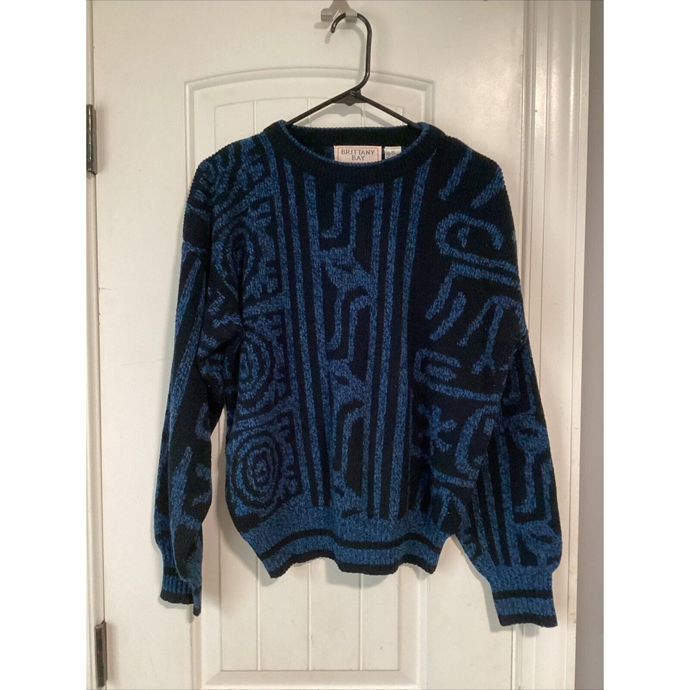 Brittany Bay Womens Vintage Black Blue Design Knit Sweater Large